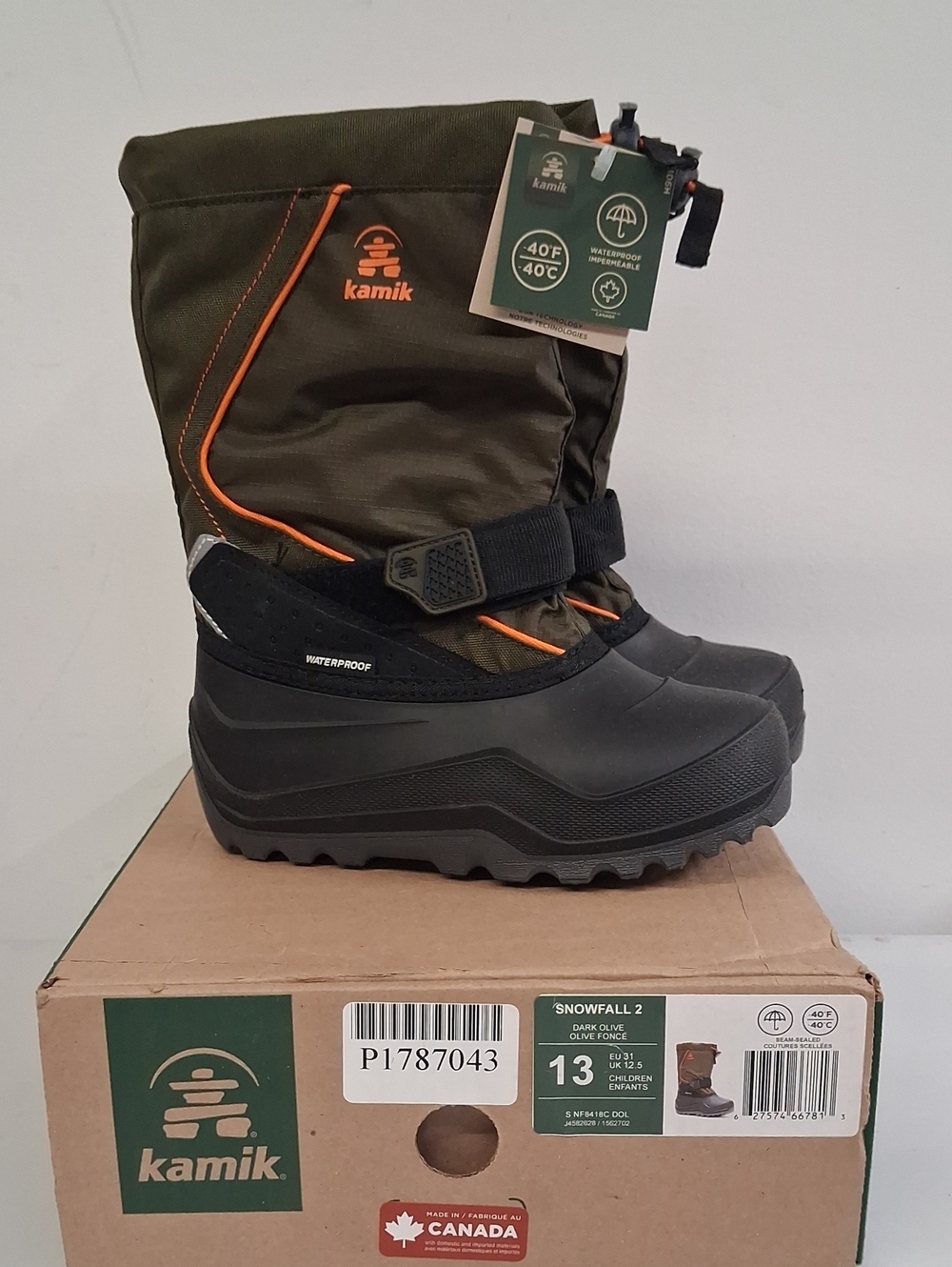 NWT Kids Kamik Snowfall 2  Waterproof Winter Boots in Dark Olive